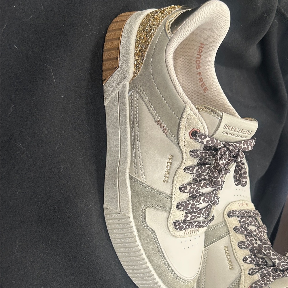 Skechers White and Gold Low-Top Sneaker with Leopard Laces